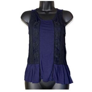 AMERICAN Eagle AEO Blue Black Lace Detail Tank Top Peplum Ruffled Blouse